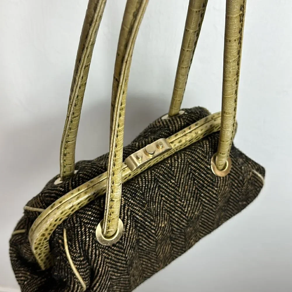 Ann Taylor Vintage Green Herringbone Print Handbag Shoulder Bag
